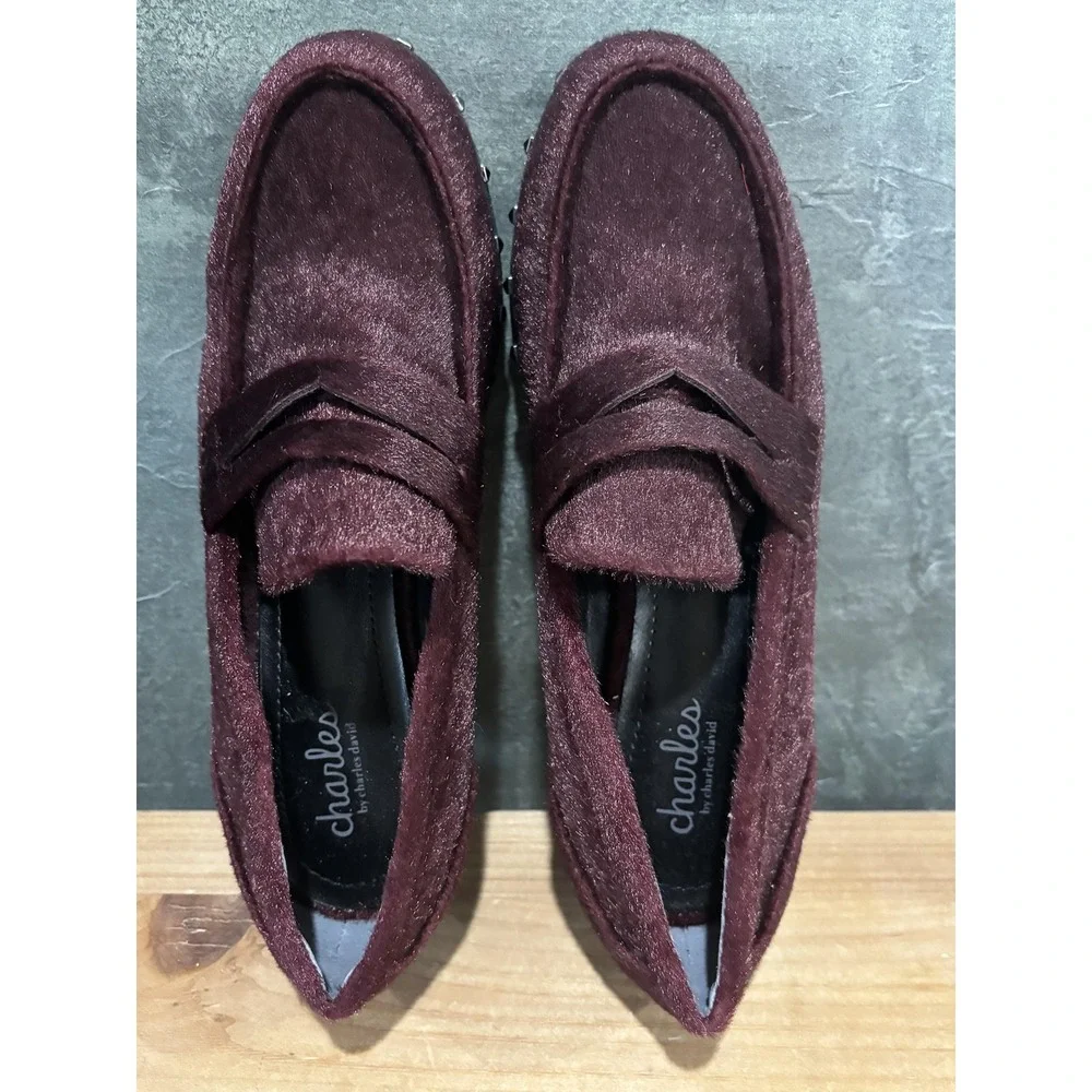 Charles by Charles David Shoes Womens Size 8‎ Wine Penny Loafer Studded Faux Fur